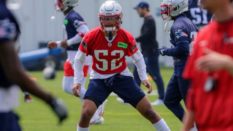 New England Patriots rookie linebacker Marte Mapu during their minicamp at Gillette Stadium practice field.